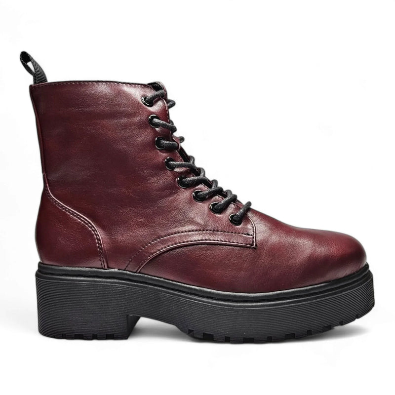 Burgundy leather combat boots with chunky platform sole and lace-up front