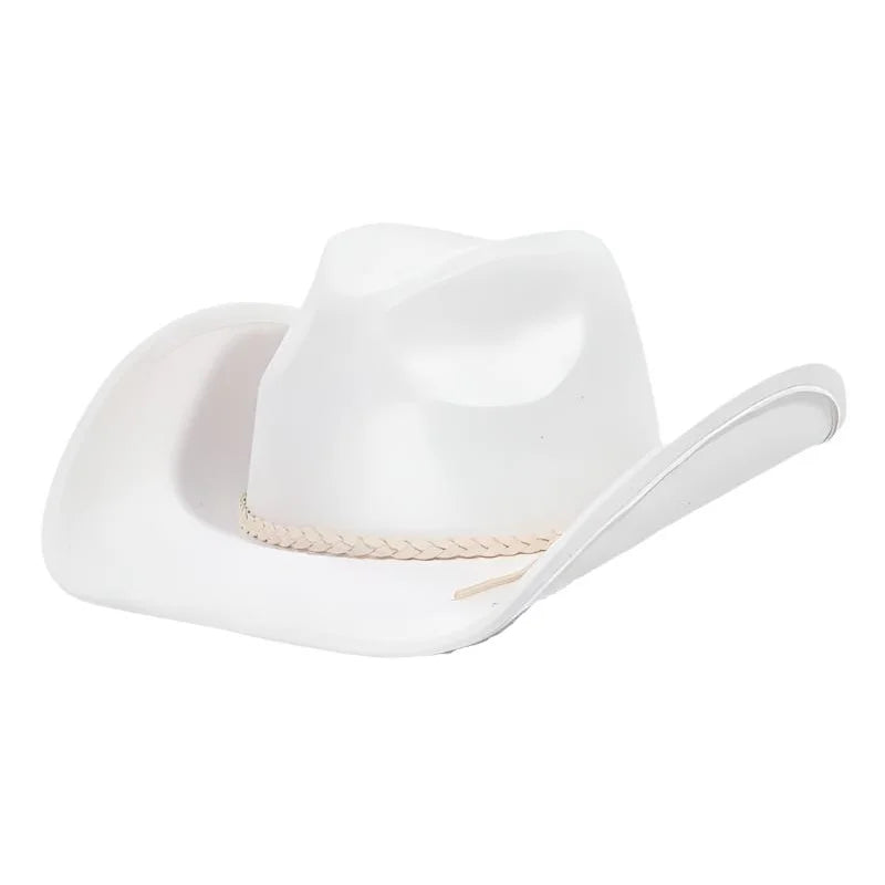 White cowboy hat with rope braid strap and braided band around the crown