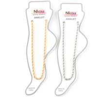 Ankle bracelets displayed on foot-shaped cards featuring a trendy chain anklet