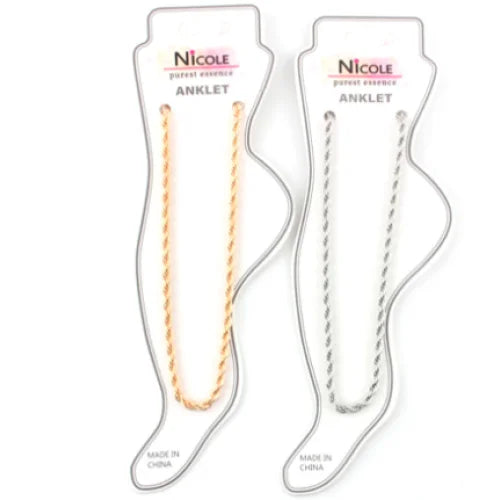 Ankle bracelets displayed on foot-shaped cards featuring a trendy chain anklet