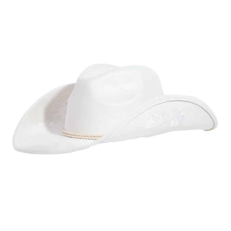 White cowboy hat with curved brim and rose embroidered braided band detail