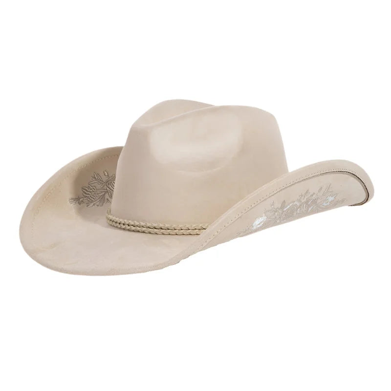 White Cowboy Hat with Rose Embroidered Braided Band for stylish outdoor attire