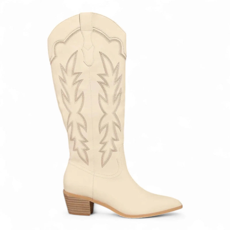 Cream-colored leather cowboy boot with stitching, part of Samantha Knee-High Western Boots