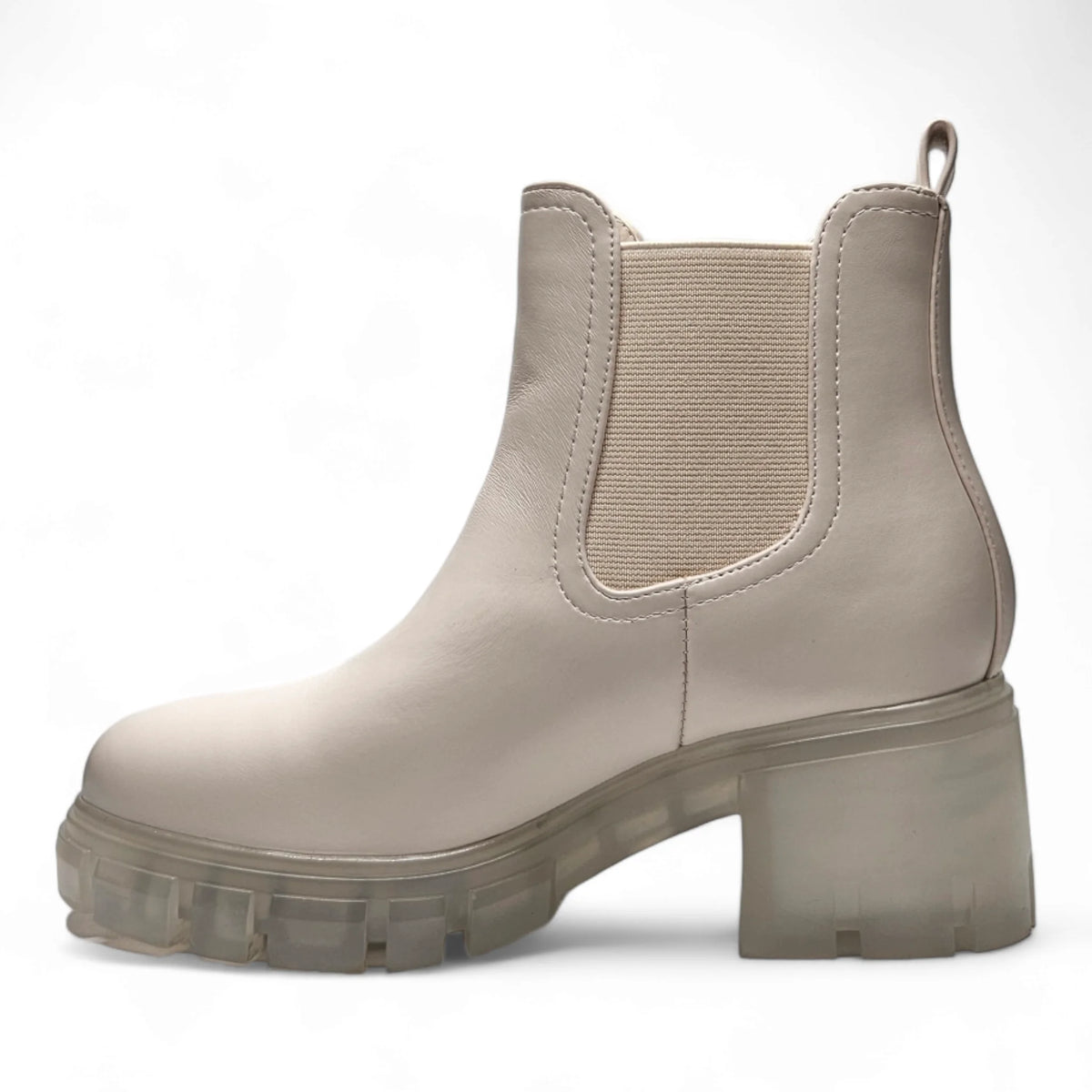 Beige leather Chelsea bootie with lug sole and chunky platform from Save The Planet Bootie