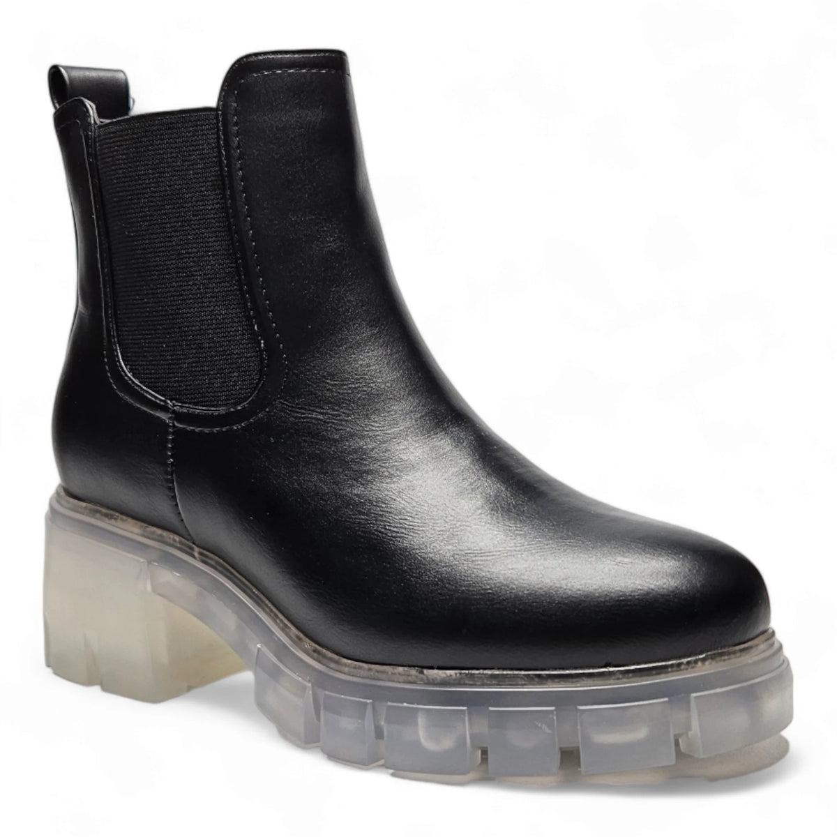 Black leather Chelsea boot with lug sole and chunky transparent sole from Save The Planet Bootie