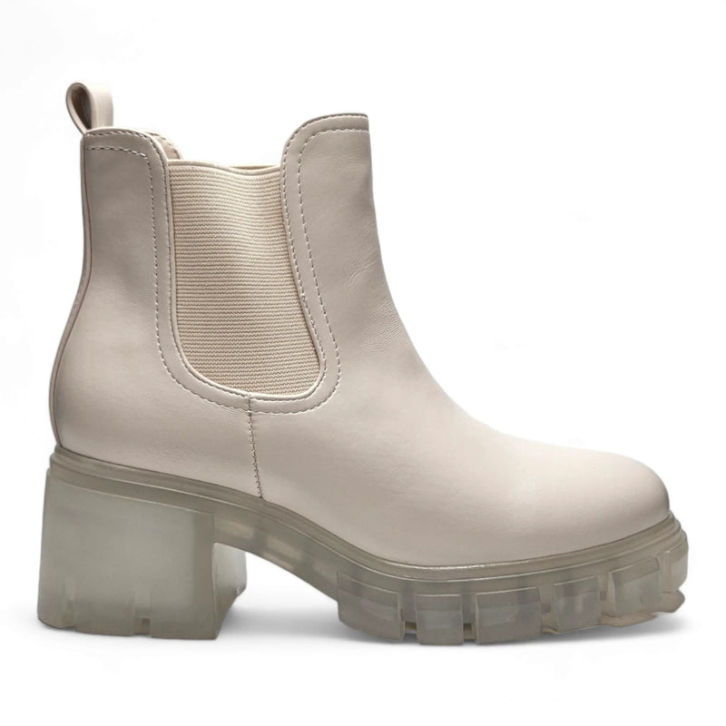 Beige leather ankle boot with lug sole and transparent heel from Save The Planet Bootie