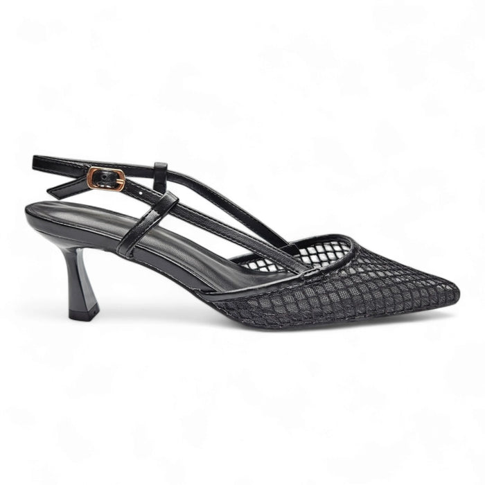 Black mesh slingback heel with pointed toe and thin straps in Scarlet Mesh Slingback Pumps