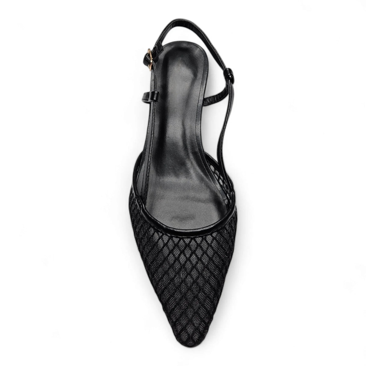 Black quilted slingback flat shoe with pointed toe from Scarlet Mesh Slingback collection