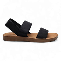 Black elastic strap womens sandals with two straps and a tan sole for comfortable wear