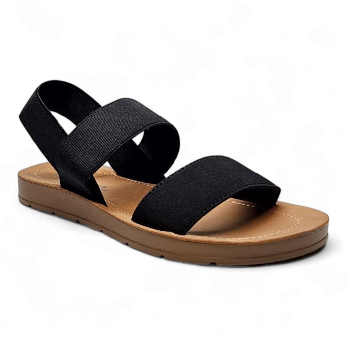 Black elastic strap womens sandals with wide straps and a tan sole