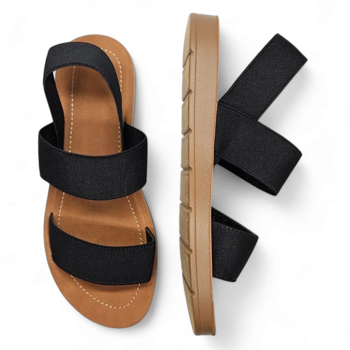 Casual Seeing Elastic Strap Womens Sandals with black elastic straps and tan soles