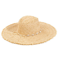 Straw sun hat with wide brim and seashell-decorated braid cowrie band