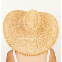 Straw sun hat with wide brim and decorative string, perfect for Shell Braid Cowrie style