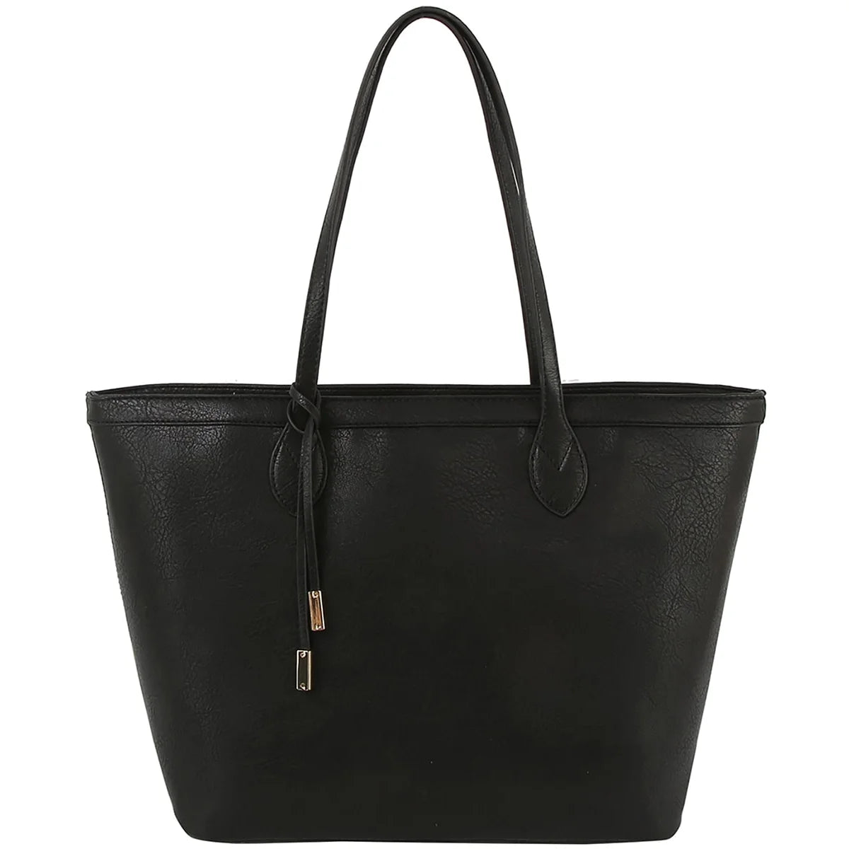 Black leather shopper tote bag with long handles and gold-toned hardware