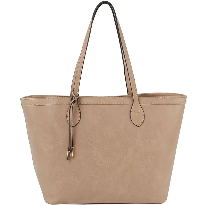 Beige leather shopper tote bag with long handles for stylish everyday use