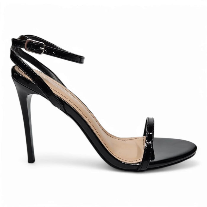 Black patent leather stiletto heel sandal with band ankle strap for stylish wear