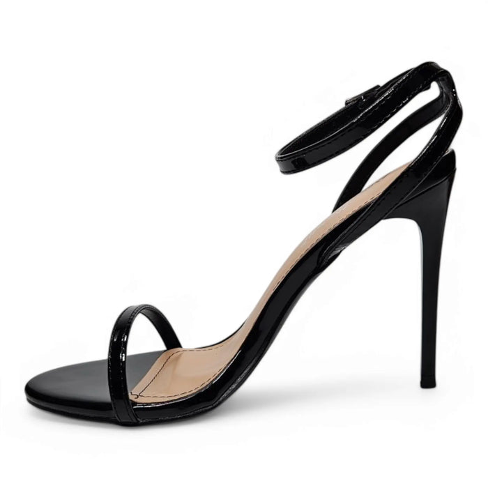 Black patent leather stiletto heel sandal with band ankle strap for stylish elegance