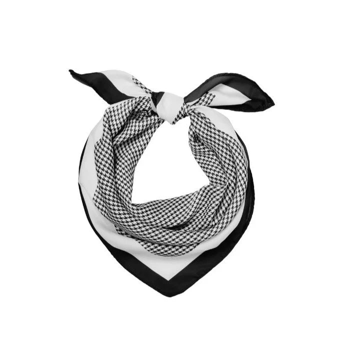 Black and white patterned silk scarf featuring a geometric design for a stylish neck scarf