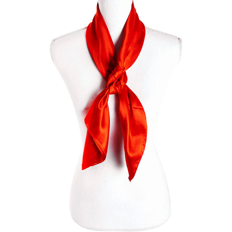 Bright red silky plain color scarf elegantly tied around a white mannequin torso