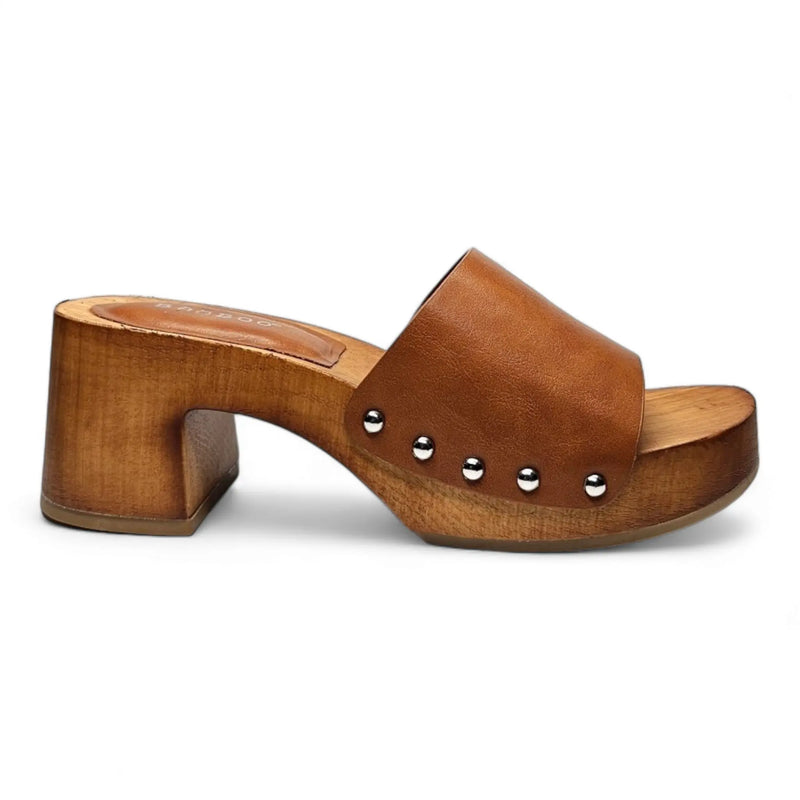 Brown leather clog sandal with wooden sole and silver studs for stylish wooden open toe look