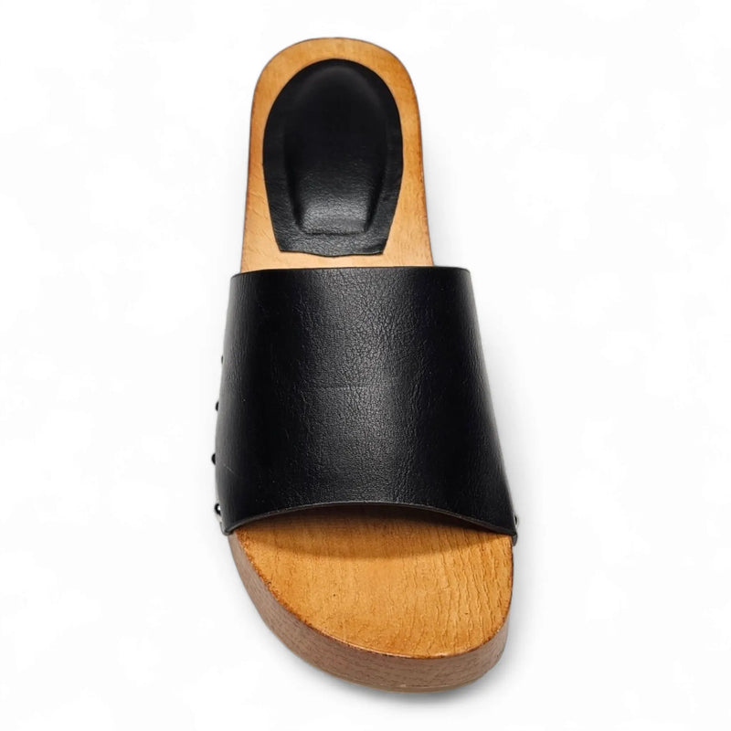 Black leather slide sandal on wooden sole for stylish wooden open toe clogs