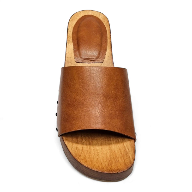 Brown leather slide sandal with wooden sole, perfect for stylish wooden open toe clogs