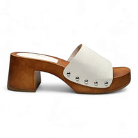 Wooden Open Toe Clogs featuring white leather strap with metal studs design