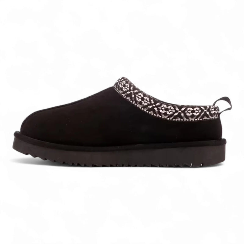 Black suede Simmon Cozy Clog slippers with patterned Nordic-style trim provide warmth