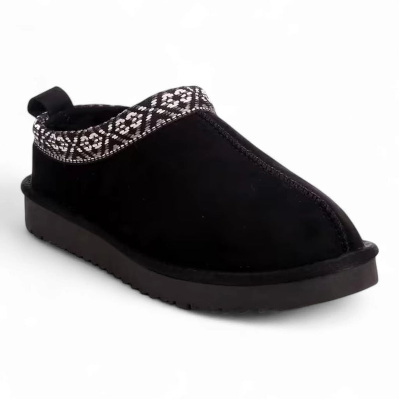 Black suede Simmon Cozy Clog Slippers with patterned knit collar provide warmth