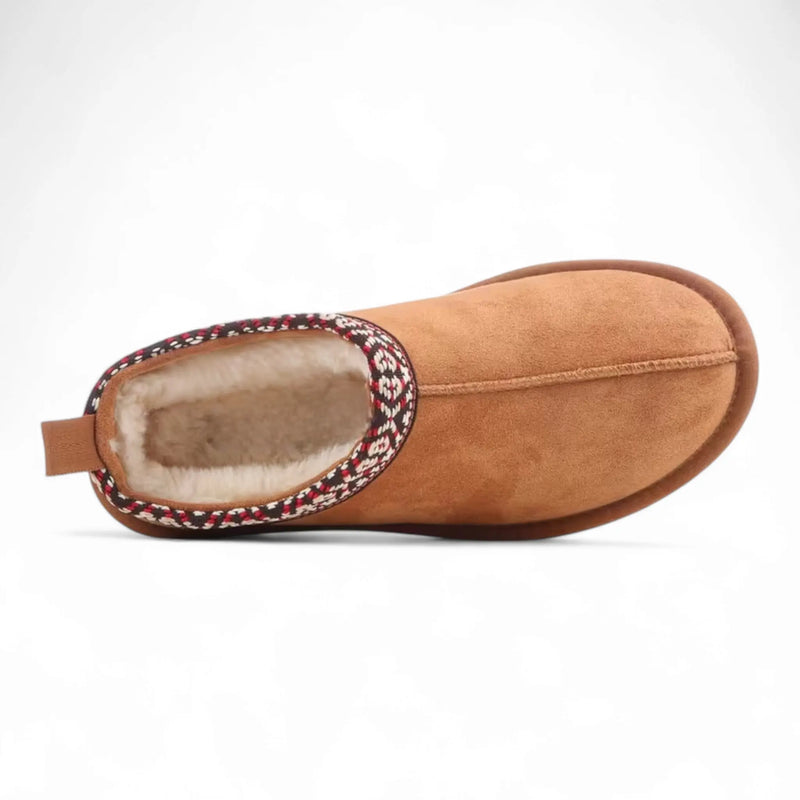 Tan suede Simmon Cozy Clog Slippers with sheepskin lining for warmth and comfort