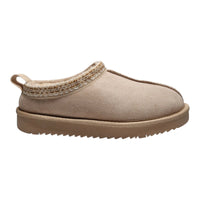 Beige suede Simmon Cozy Clog Slippers with knit collar trim and rubber sole