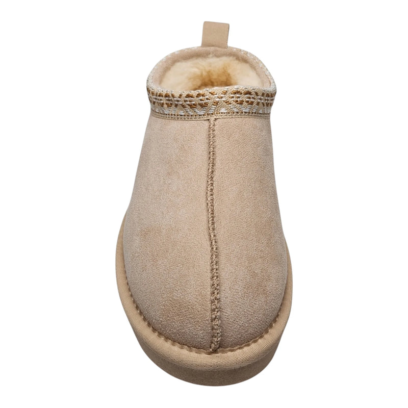 Beige suede Simmon Cozy Clog Slippers with fur lining and stitched detailing