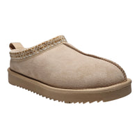 Beige suede Simmon Cozy Clog Slippers with knit trim and rubber sole