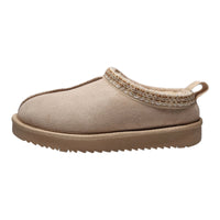 Beige suede Simmon Cozy Clog Slippers with knit trim and rubber sole