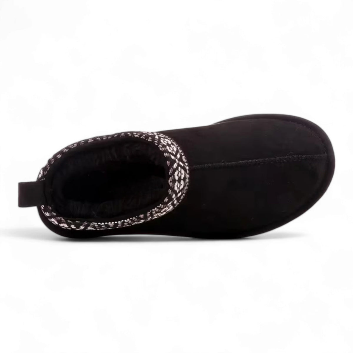 Black suede Simmon Cozy Clog slippers provide warmth with stylish patterned trim