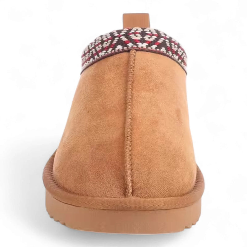 Tan suede Simmon Cozy Clog Slippers with decorative trim offer warmth and style