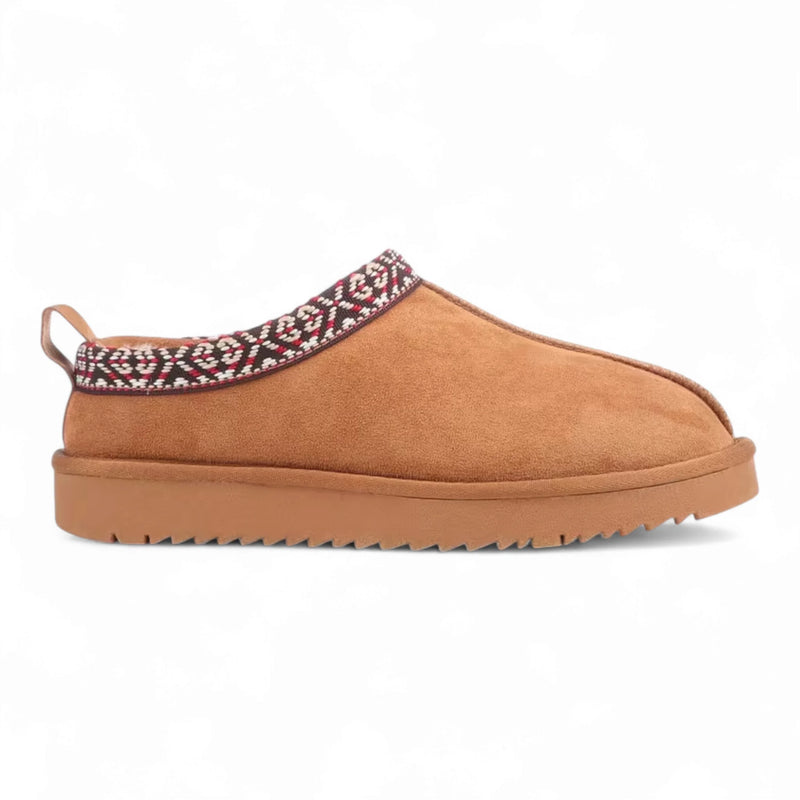 Tan suede Simmon Cozy Clog Slippers with patterned fabric trim provide warmth and comfort