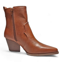 Brown leather Simple Western Ankle Bootie with pointed toe and stacked heel