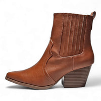 Brown leather pointed toe Western ankle bootie with a chunky heel