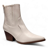 Cream-colored leather western ankle bootie with pointed toe and stacked heel