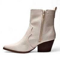 White leather western ankle bootie with pointed toe and stacked wooden heel