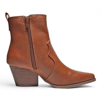 Brown leather Simple Western Ankle Bootie with pointed toe and stacked heel