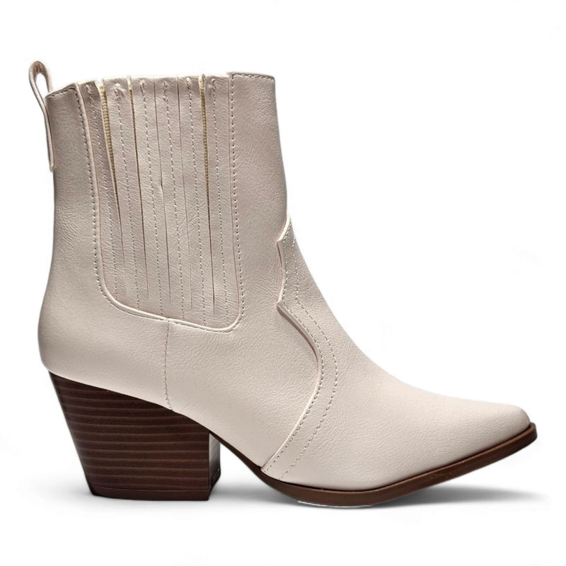 White leather Western ankle bootie with pointed toe and stacked wooden heel