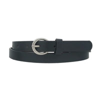 Thin black leather skinny belt with silver buckle for stylish outfits