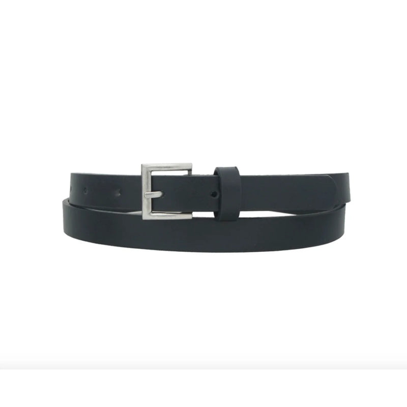 Thin black leather skinny belt with a stylish silver buckle for versatile fashion