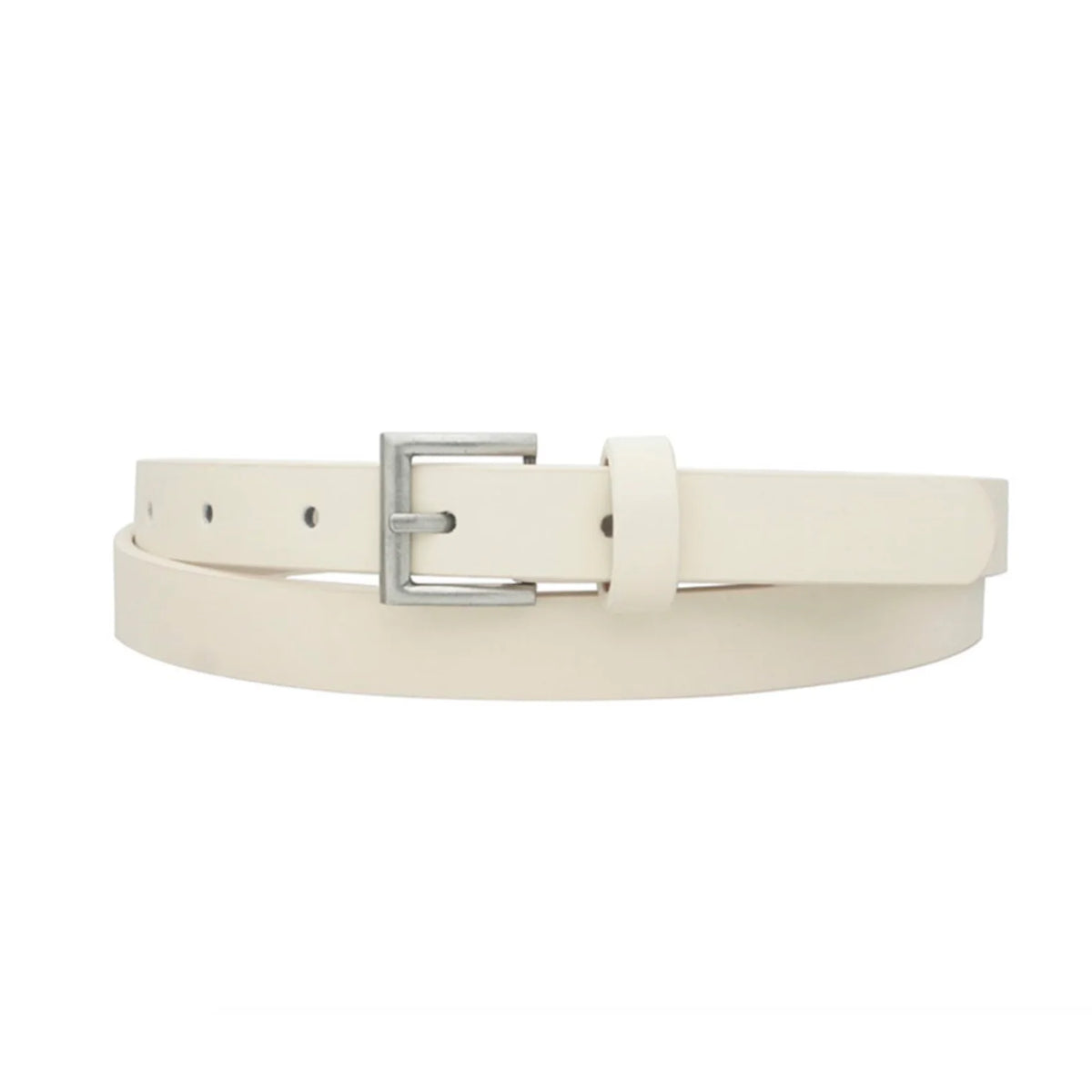 White leather skinny belt with a stylish silver buckle for trendy outfits