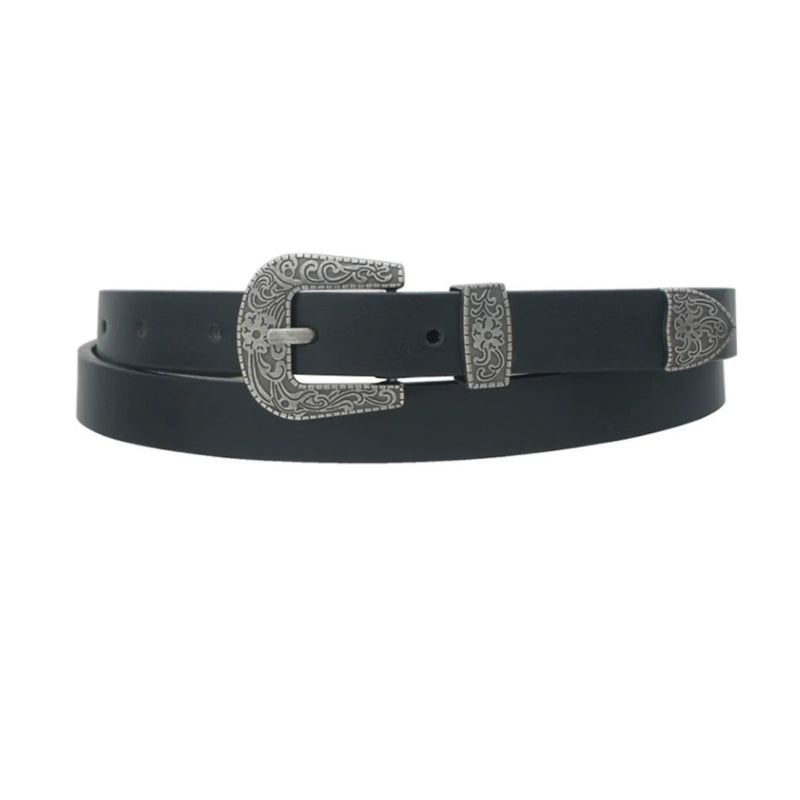 Black leather skinny belt featuring an ornate silver buckle and tip