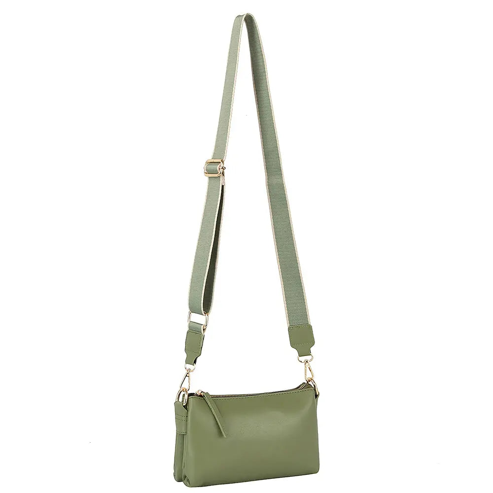 Olive green leather Sleek Petite Zipper Shoulder Bag with adjustable strap