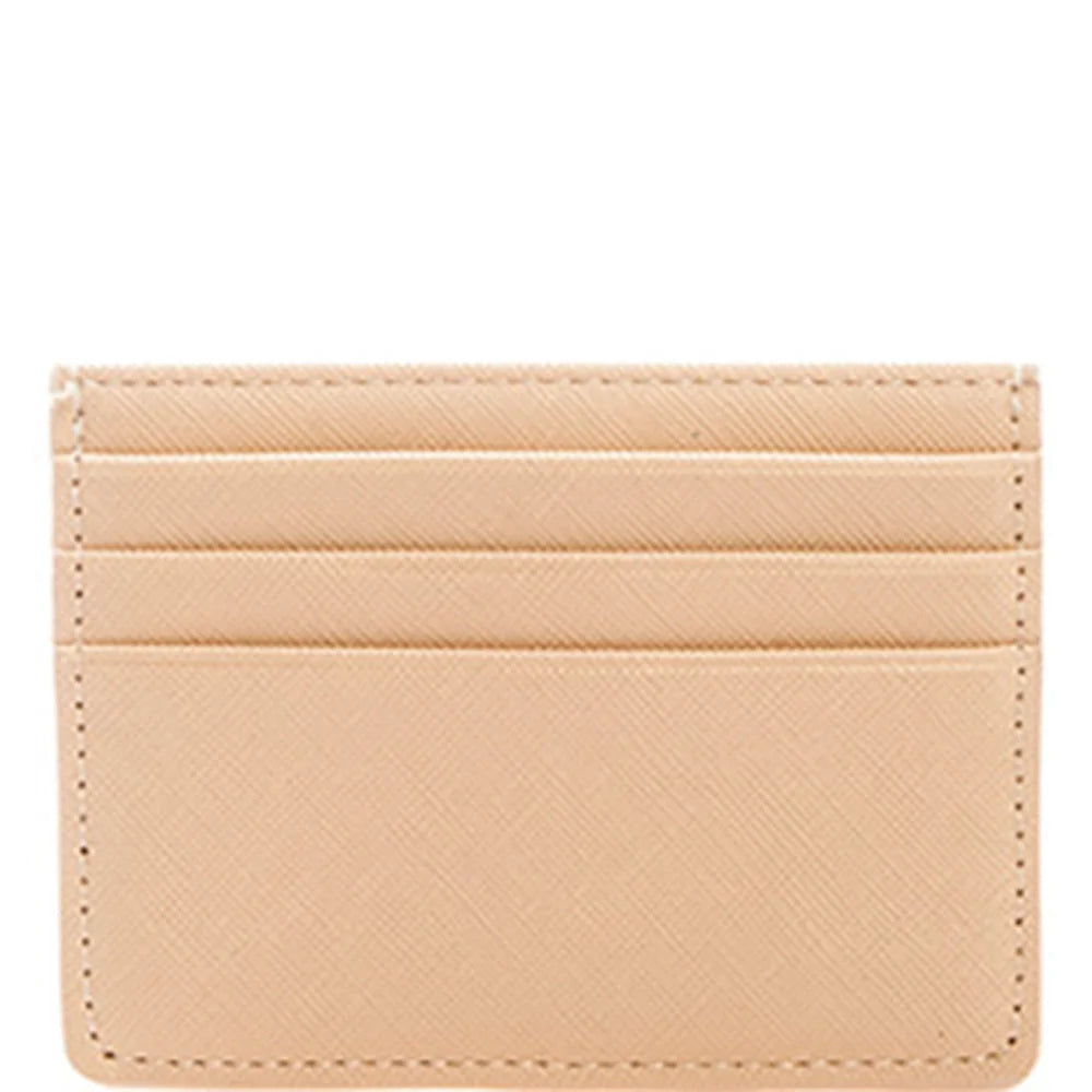 Beige leather slim card holder featuring multiple slots for convenient card storage