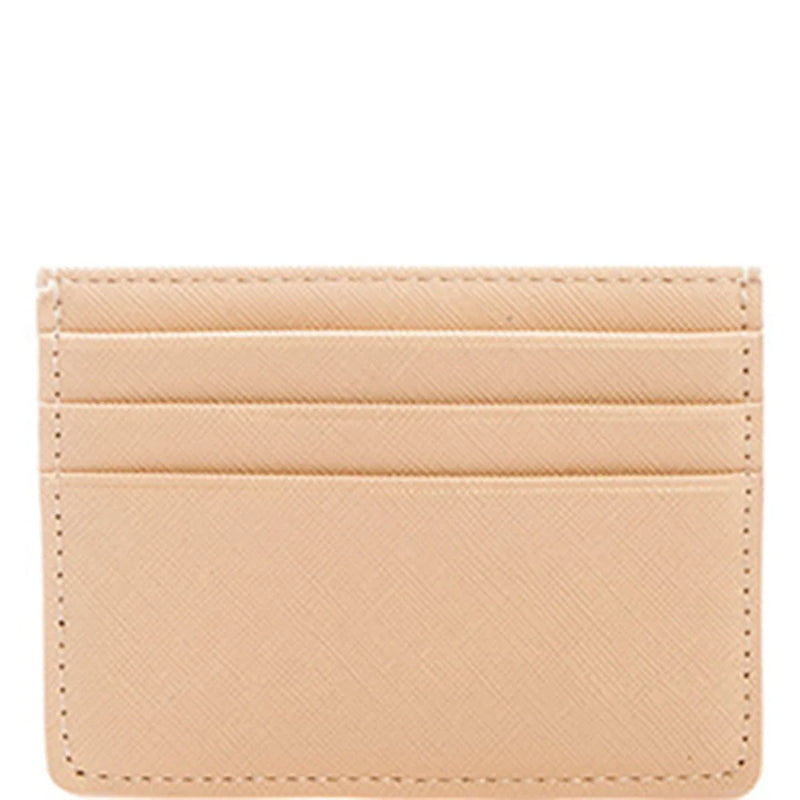 Beige leather slim card holder featuring multiple slots for convenient card storage